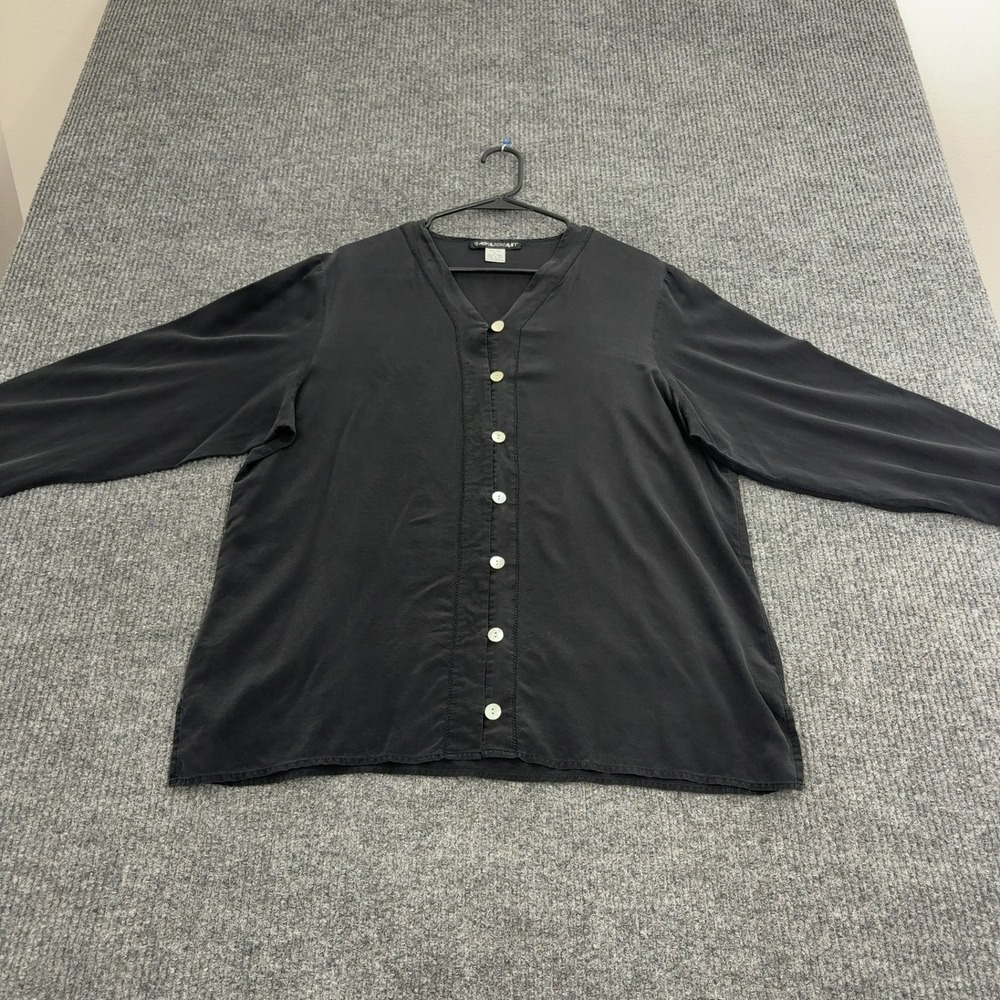 Savannah Button Up Womens XL Black Silk Long Sleeve V‎ Neck Minimalist Blouse